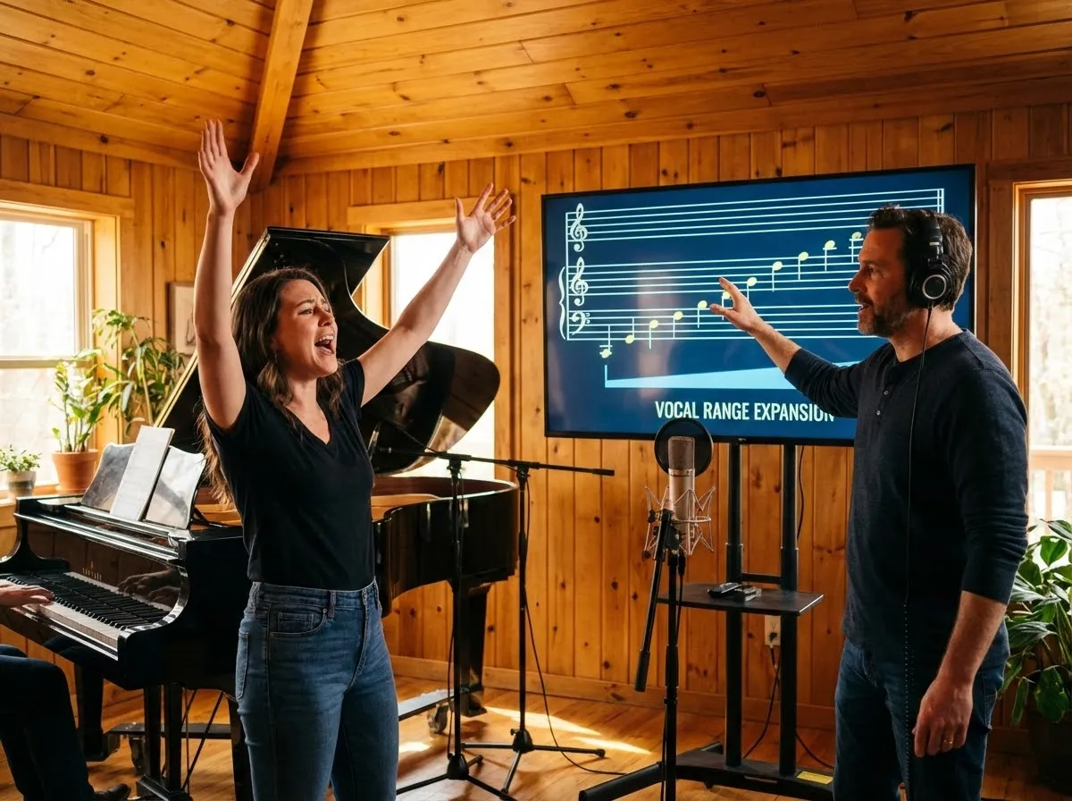 Cantante alcanzando notas agudas con técnica correcta