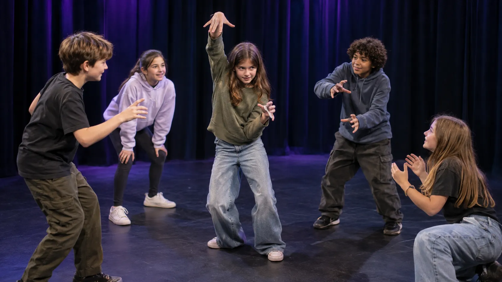 Grupo de alumnos jóvenes realizando un ejercicio de improvisación teatral