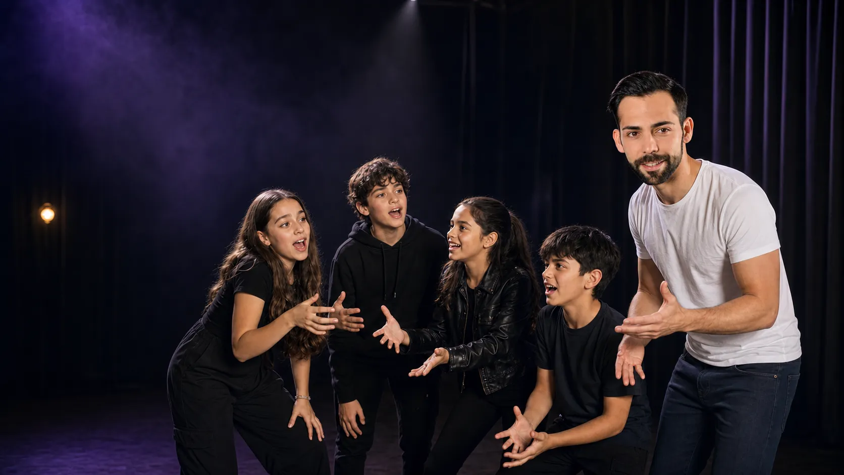 Valentín Veguillas guiando un ejercicio teatral con cuatro alumnos jóvenes