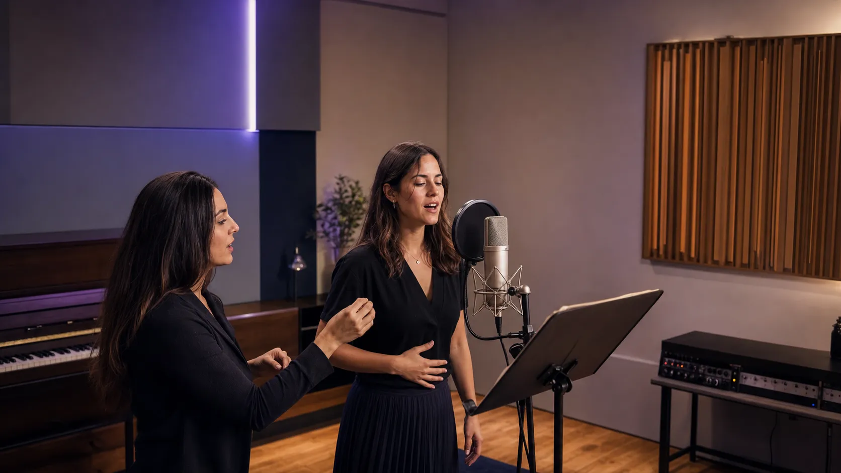 Profesora guiando a una alumna durante una clase de canto en un estudio profesional