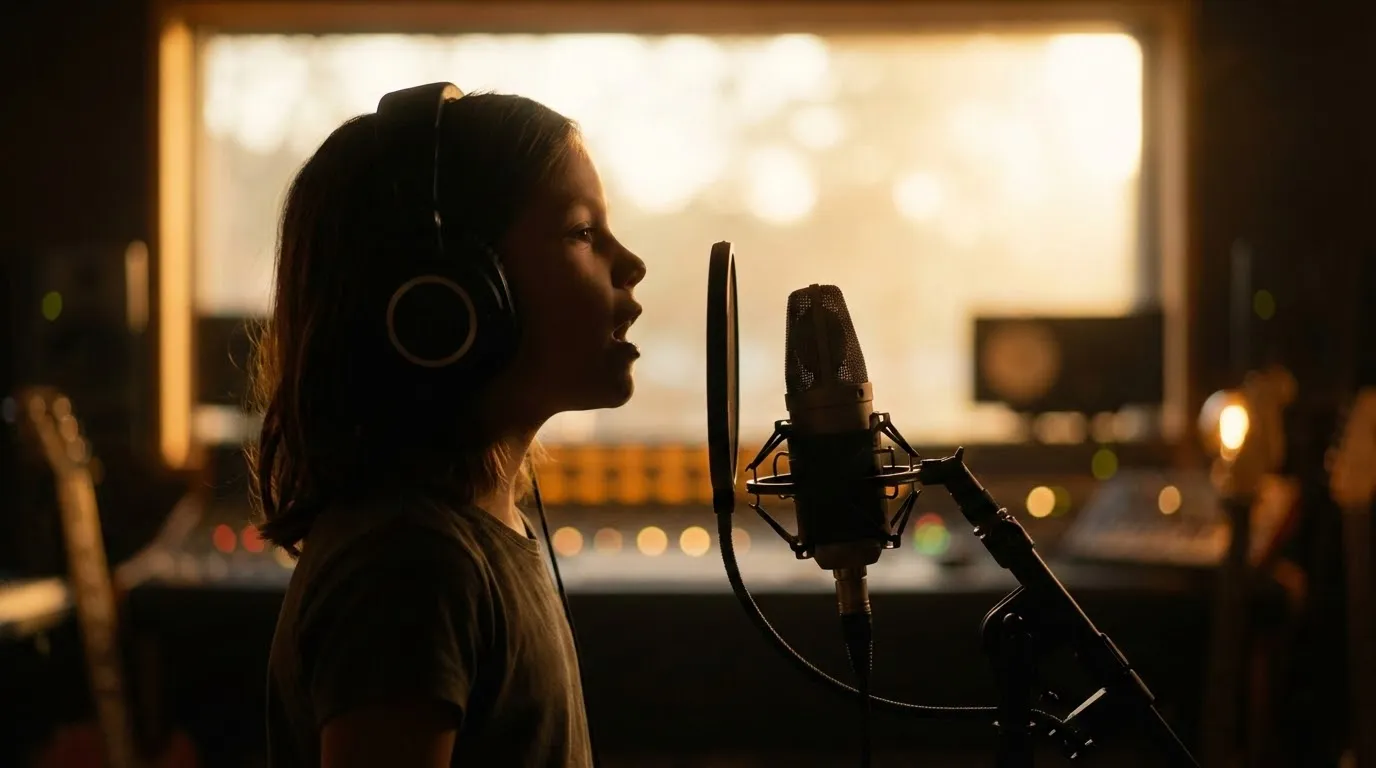 Niña practicando canto en un estudio de grabación