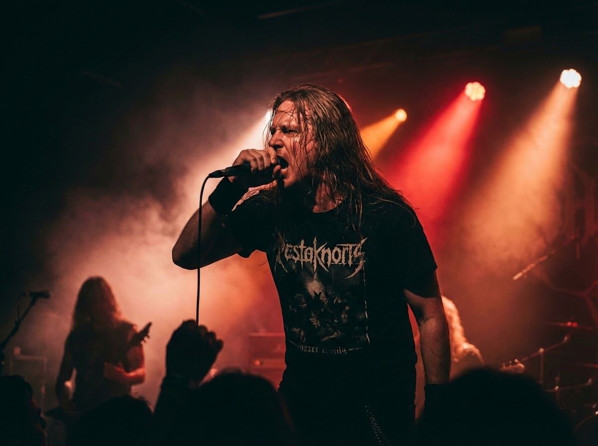 Vocalista de metal realizando técnica gutural