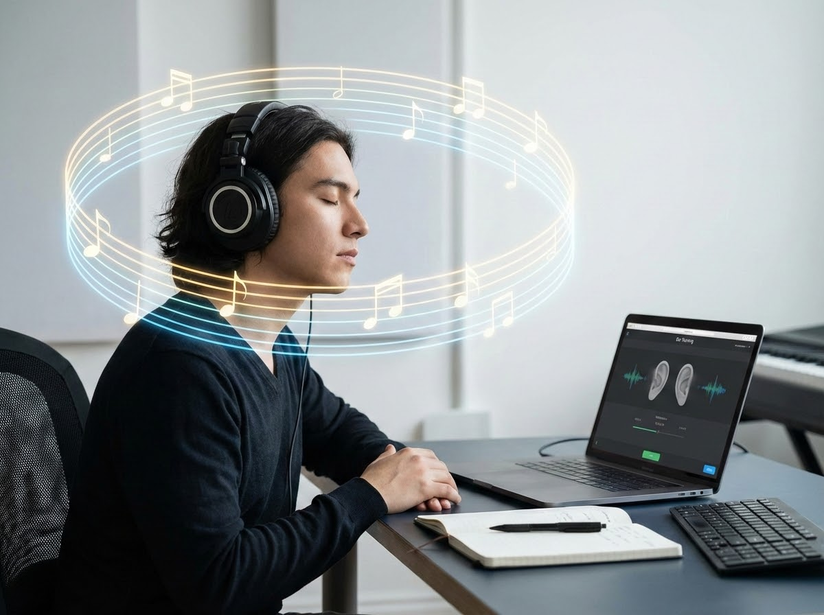 Persona practicando ear training con auriculares