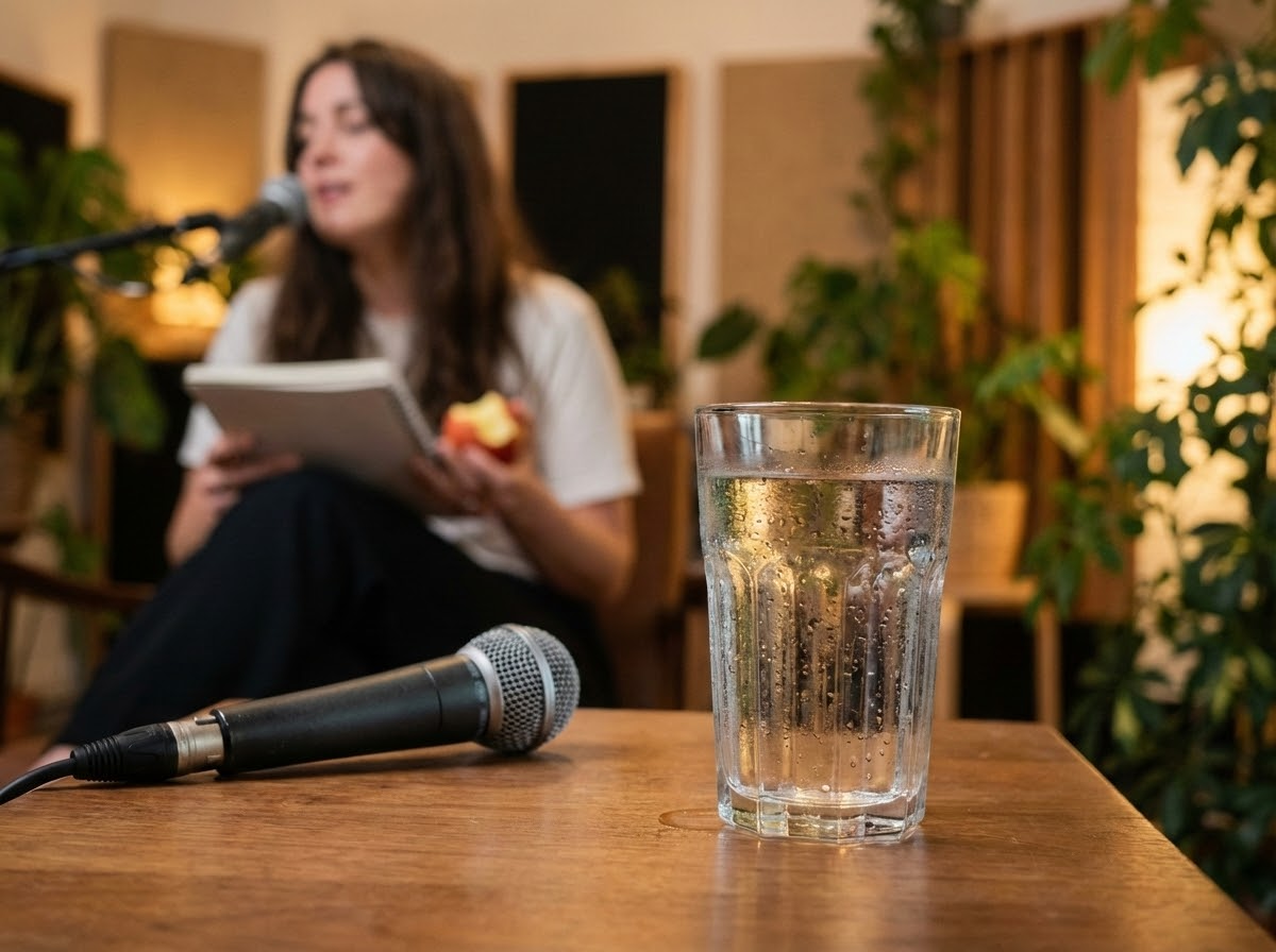 Vaso de agua y cantante hidratándose para cuidar la voz