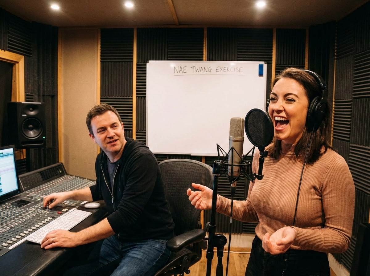 Cantante practicando ejercicio NAE con twang