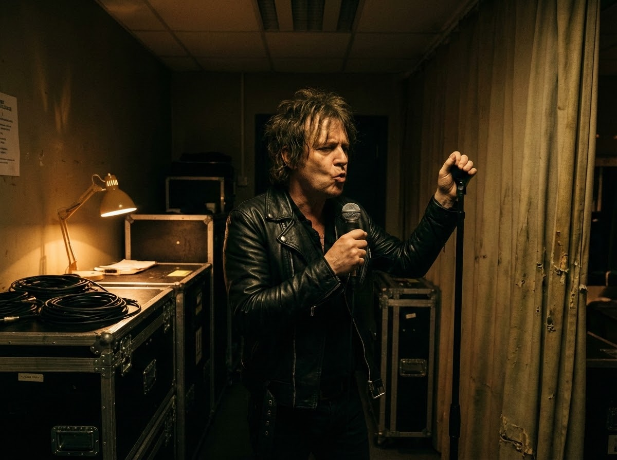 Cantante de rock calentando la voz antes de actuar