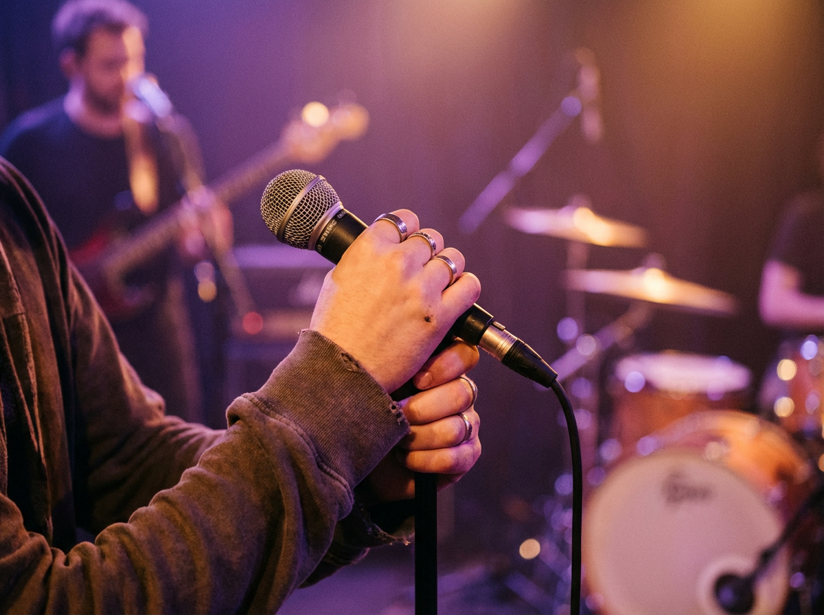 Cantante sosteniendo micrófono con técnica correcta en escenario